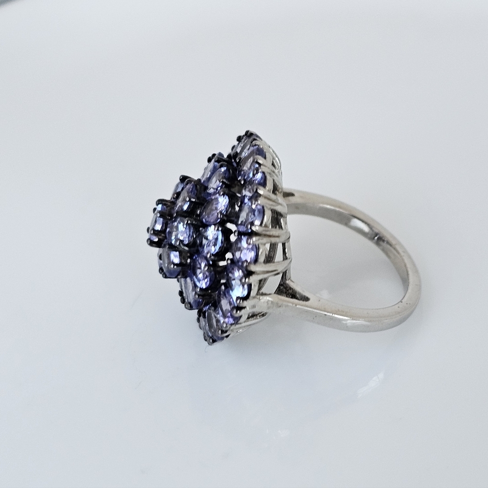 Natural Tanzanite Cluster Ring in Platinum over Sterling Silver Sz 6 - Picture 12 of 14